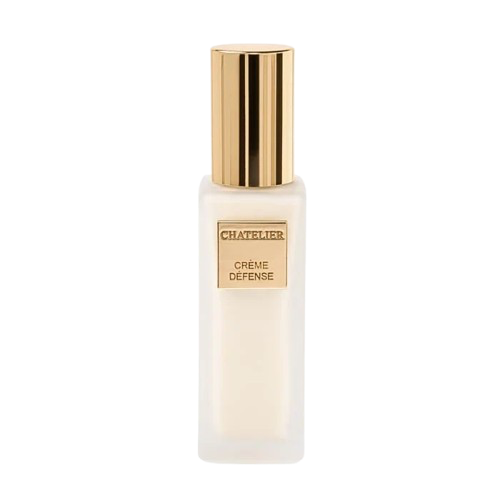 A frosted glass bottle of Chatelier Crème Défense featuring a sleek gold cap and matching gold label. This luxurious age-protective day cream provides UV-A defense while nourishing and protecting the skin, embodying a minimalist and elegant skincare aesthetic.