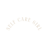 Minimalist arched beige text logo reading “SELF CARE GIRL” on a black background, featuring elegant serif typography that evokes calm, luxury, and feminine balance.
